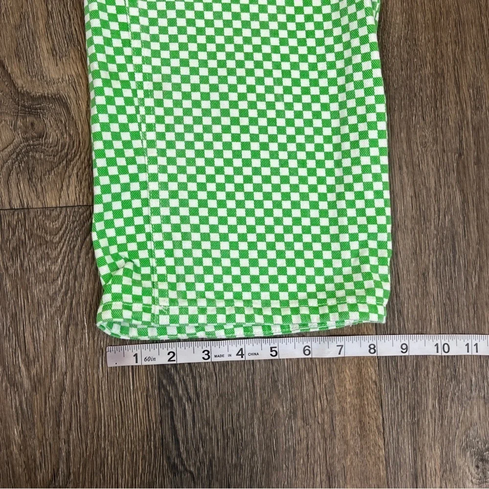 Shekou Women Size XS Linen Green Checkered Straight Leg High Waisted Trousers